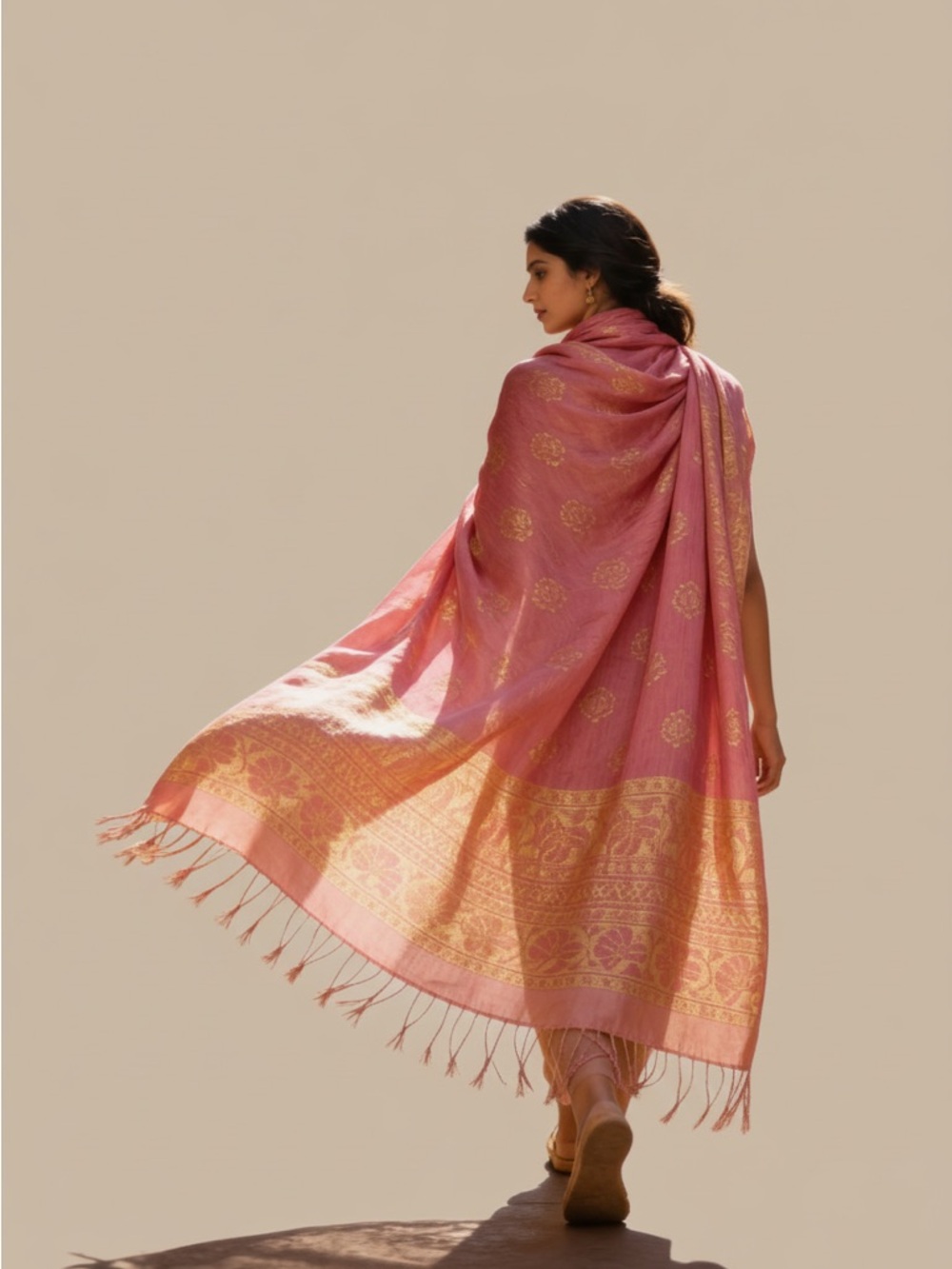 VTG Pure Gajji Silk Bandhani Saree Pink Orange Gold Floral Zari Border